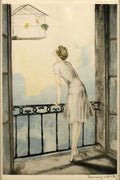 Louis Icart Art Print – Fashion Lady at Window with Birds, Art Deco Woman Illustration