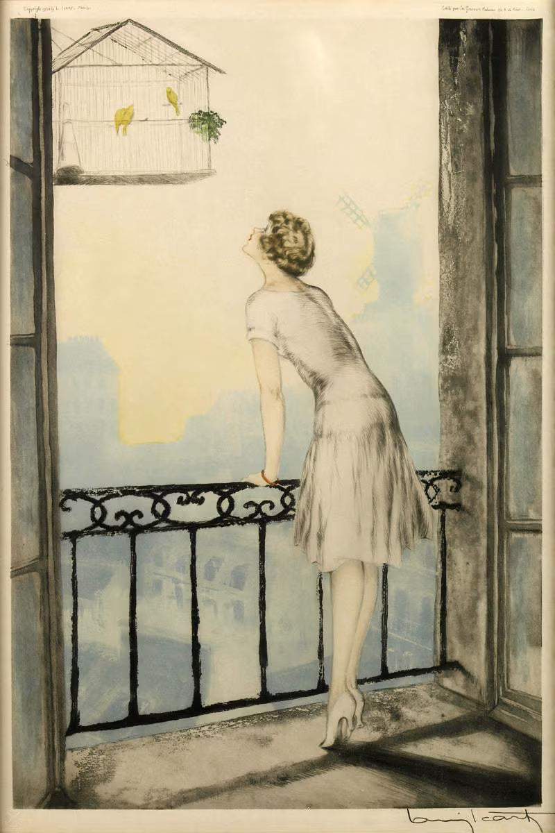 Louis Icart Art Print – Fashion Lady at Window with Birds, Art Deco Woman Illustration