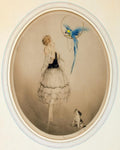 Louis Icart Art Print – Fashion Lady with Blue Parrot Bird & Dog, Art Deco Wall Art