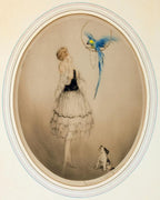 Louis Icart Art Print – Fashion Lady with Blue Parrot Bird & Dog, Art Deco Wall Art