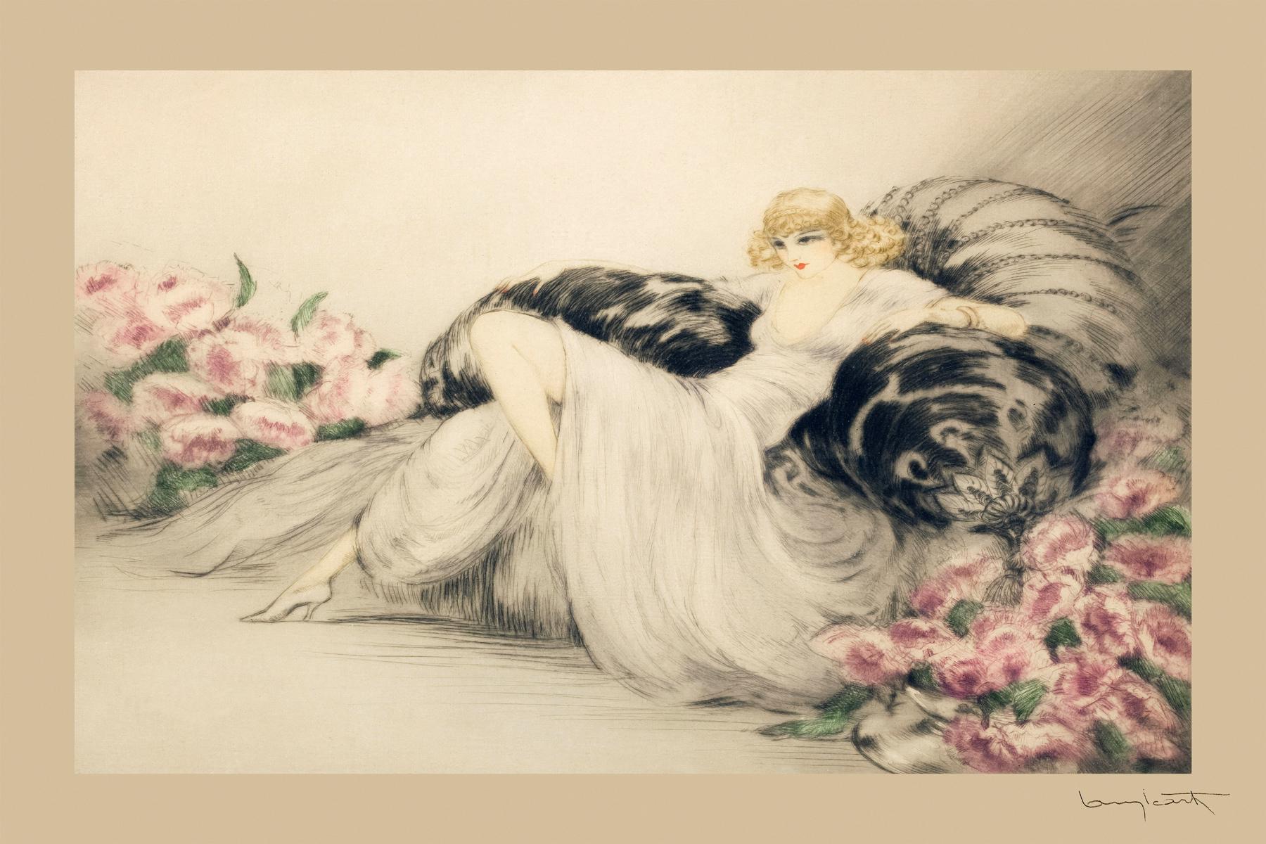 Louis Icart Art Print – Fashion Lady on Sofa, Art Deco Woman Wall Decor