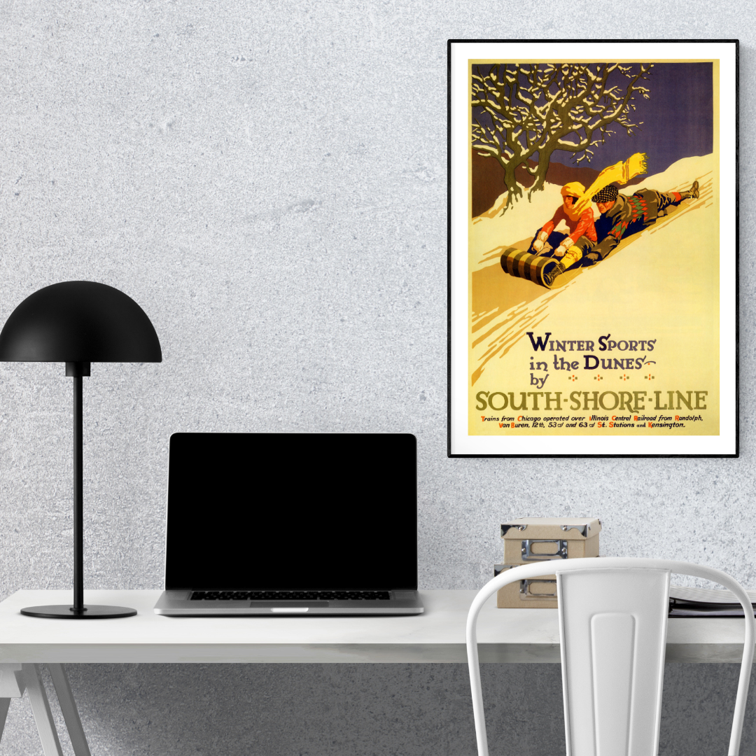 Winter Sports in the Dunes Vintage Poster Print – South Shore Line Railroad Sledding Wall Art