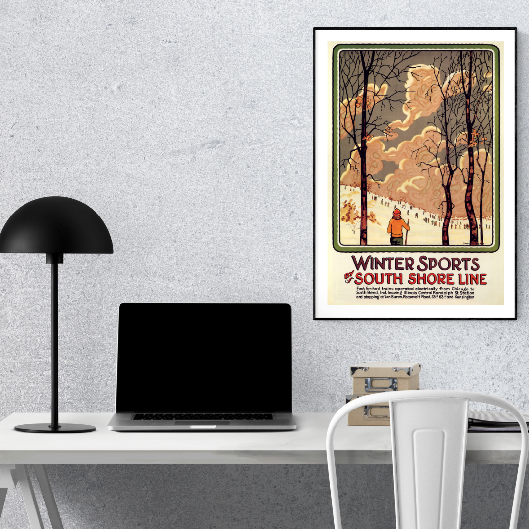 Winter Sports by South Shore Line – Vintage Travel Poster Print, Art Deco Winter Skiing Snow Landscape Wall Decor
