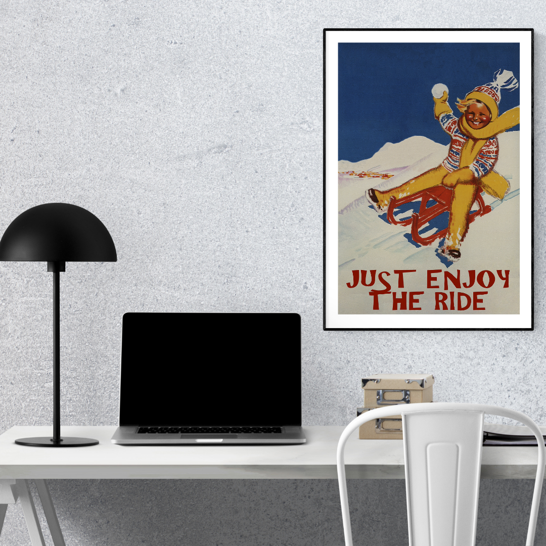 Vintage Winter Sledding Poster Print – Just Enjoy the Ride Retro Snow Wall Art, Classic Winter Wall Decor