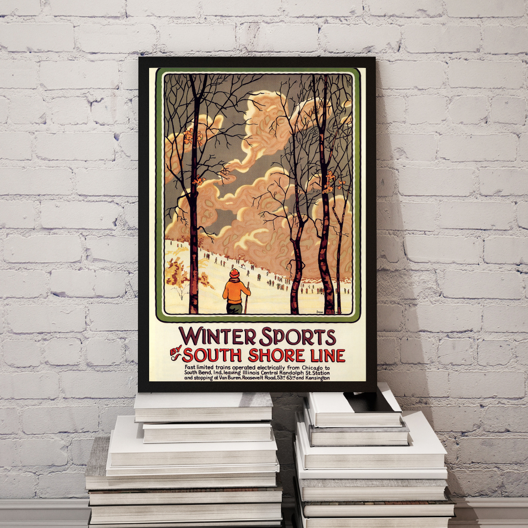 Winter Sports by South Shore Line – Vintage Travel Poster Print, Art Deco Winter Skiing Snow Landscape Wall Decor
