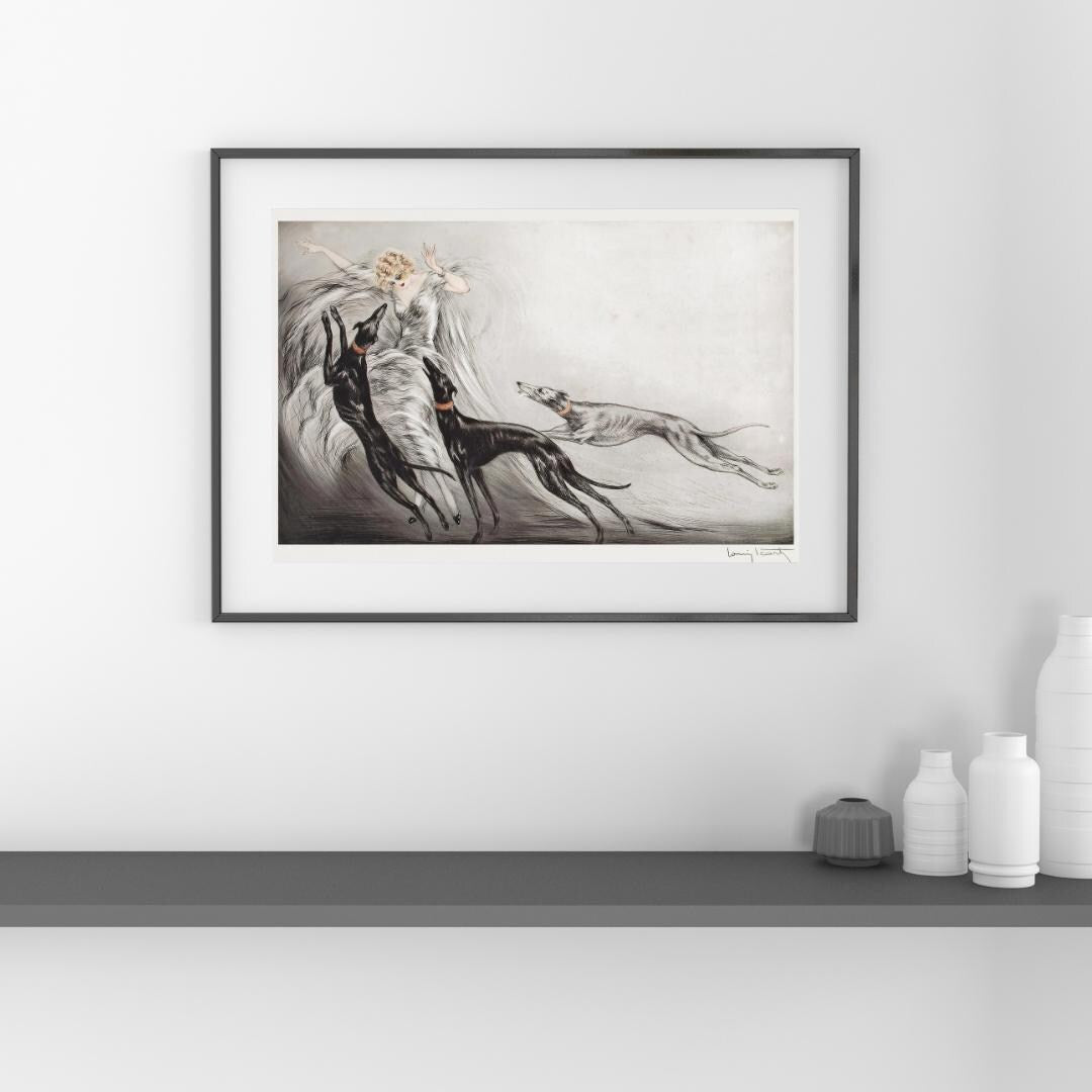Louis Icart Art Print – Coursing II Greyhounds & Fashion Lady, Art Deco Dog Wall Art