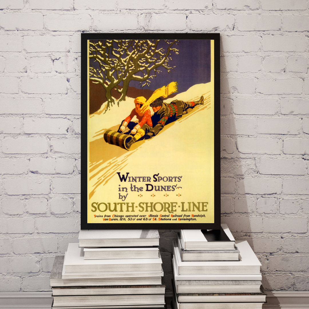 Winter Sports in the Dunes Vintage Poster Print – South Shore Line Railroad Sledding Wall Art