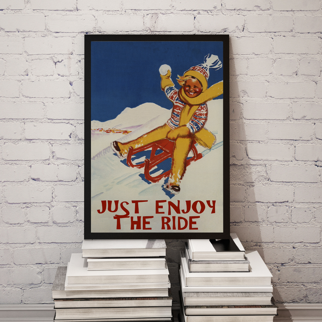 Vintage Winter Sledding Poster Print – Just Enjoy the Ride Retro Snow Wall Art, Classic Winter Wall Decor
