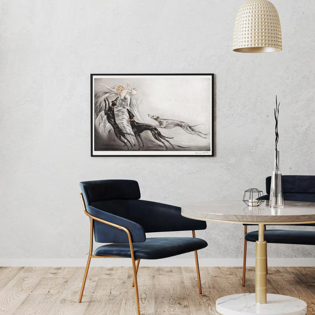 Louis Icart Art Print – Coursing II Greyhounds & Fashion Lady, Art Deco Dog Wall Art