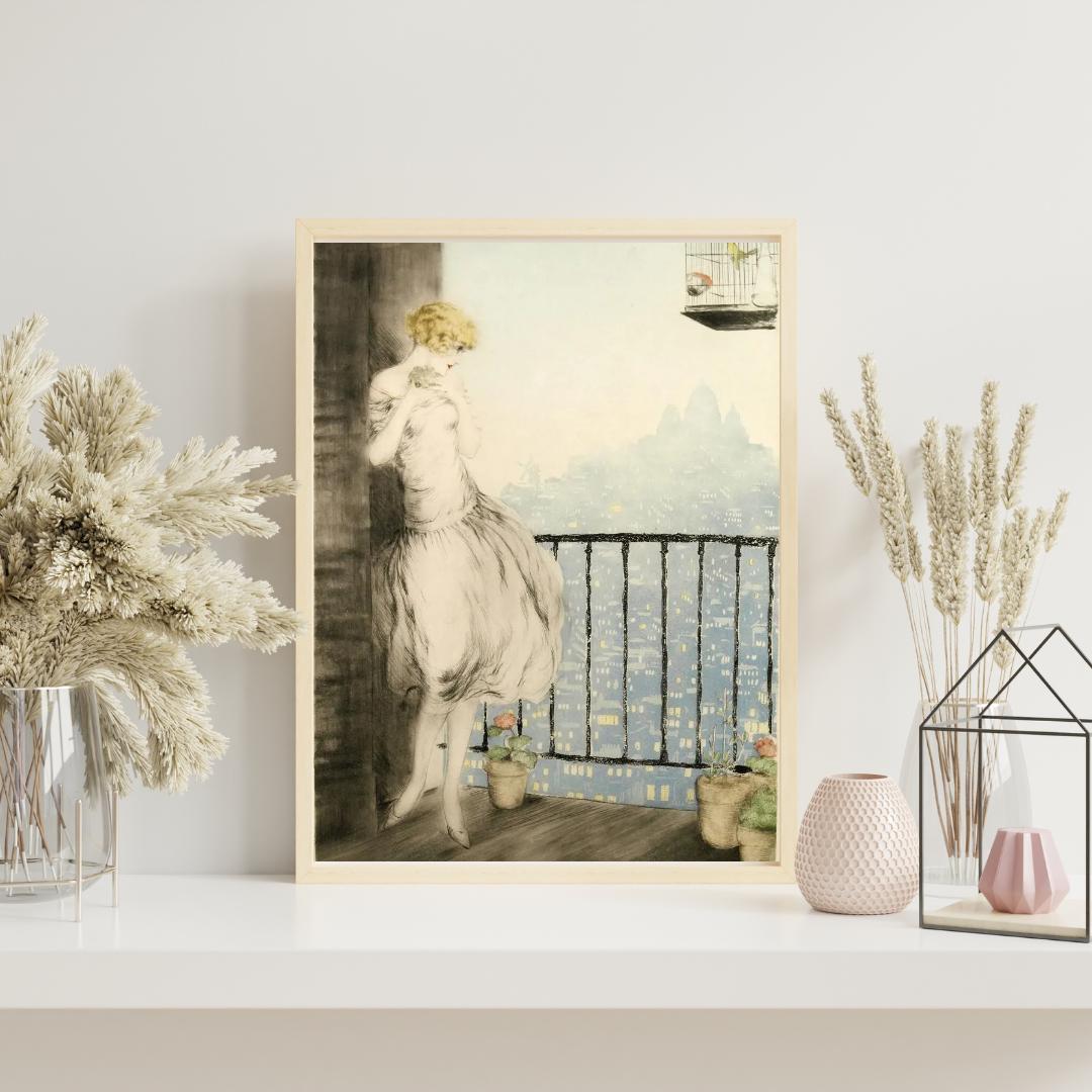 Louis Icart Art Print – Graceful Woman on a Balcony, Art Deco Woman
