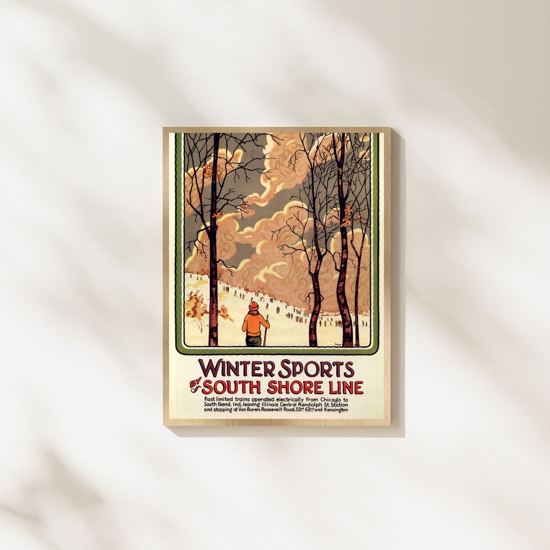 Winter Sports by South Shore Line – Vintage Travel Poster Print, Art Deco Winter Skiing Snow Landscape Wall Decor