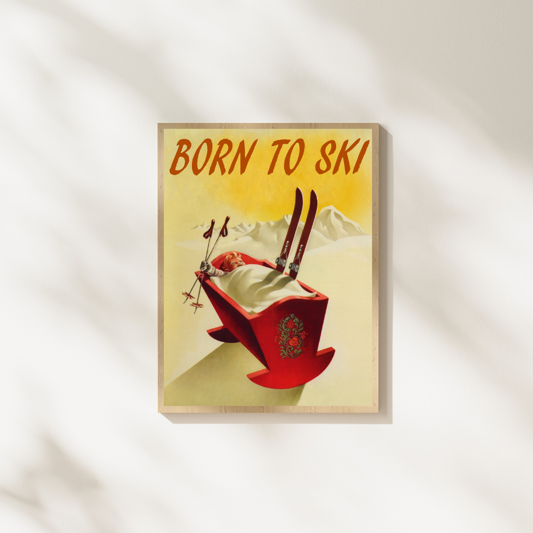Born to Ski Vintage Poster Print – Retro Skiing Wall Art, Winter Sports Decor