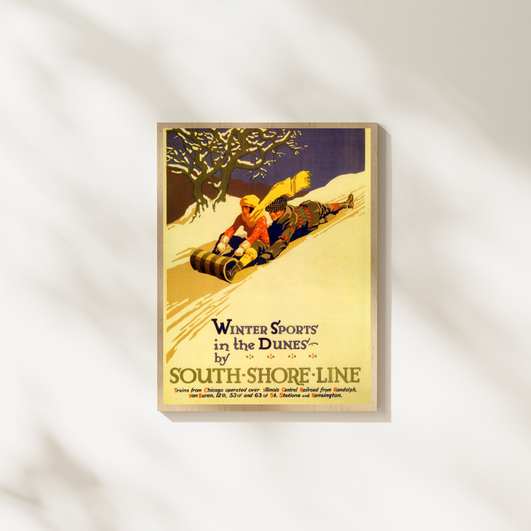 Winter Sports in the Dunes Vintage Poster Print – South Shore Line Railroad Sledding Wall Art