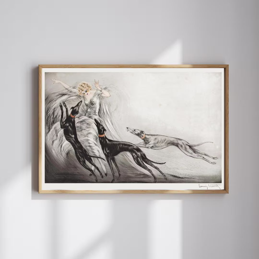 Louis Icart Art Print – Coursing II Greyhounds & Fashion Lady, Art Deco Dog Wall Art