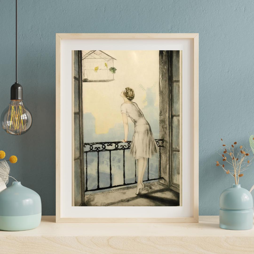 Louis Icart Art Print – Fashion Lady at Window with Birds, Art Deco Woman Illustration