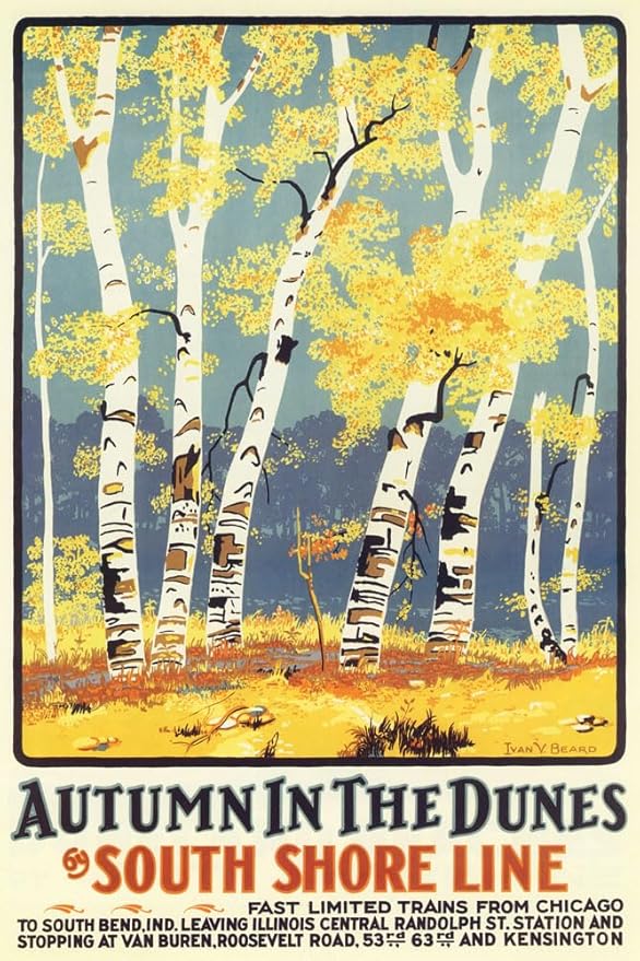 Autumn in the Dunes – South Shore Line Vintage Travel Poster Print, Indiana Dunes Railway Wall Decor