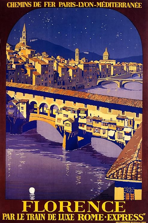 Florence Travel Poster - Vintage PLM Railway Ponte Vecchio Night Scene, Italy Train Advertisement Wall Art