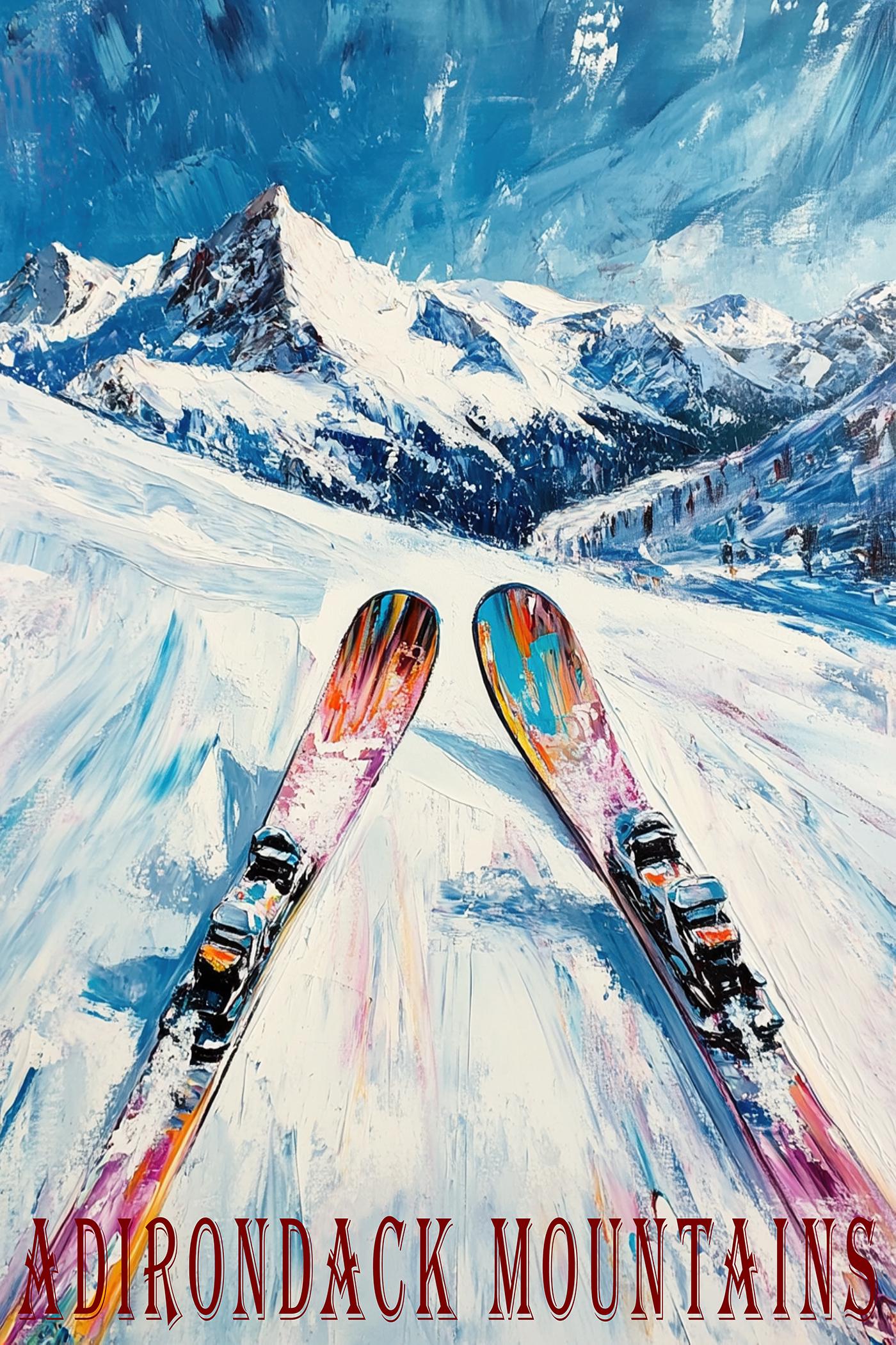 Retro Skiing Poster Print – Snowy Mountain Ski Sport Print, Winter Sports Wall Art