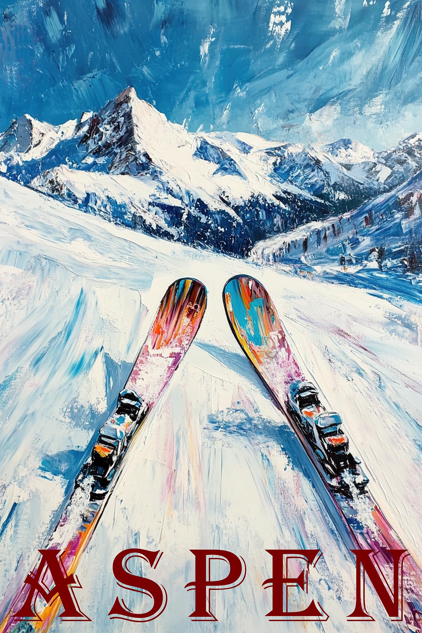 Retro Skiing Poster Print – Snowy Mountain Ski Sport Print, Winter Sports Wall Art