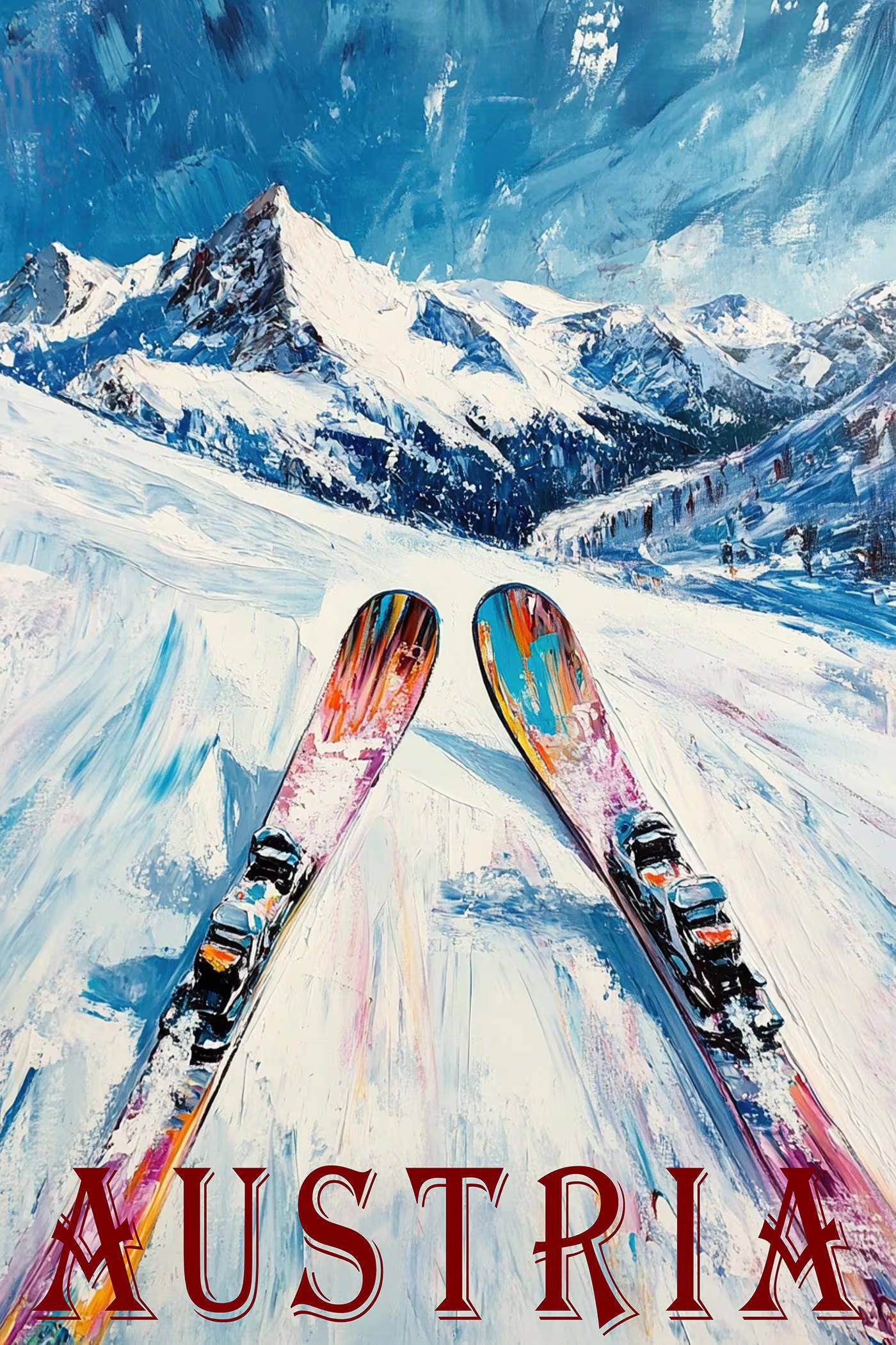 Retro Skiing Poster Print – Snowy Mountain Ski Sport Print, Winter Sports Wall Art