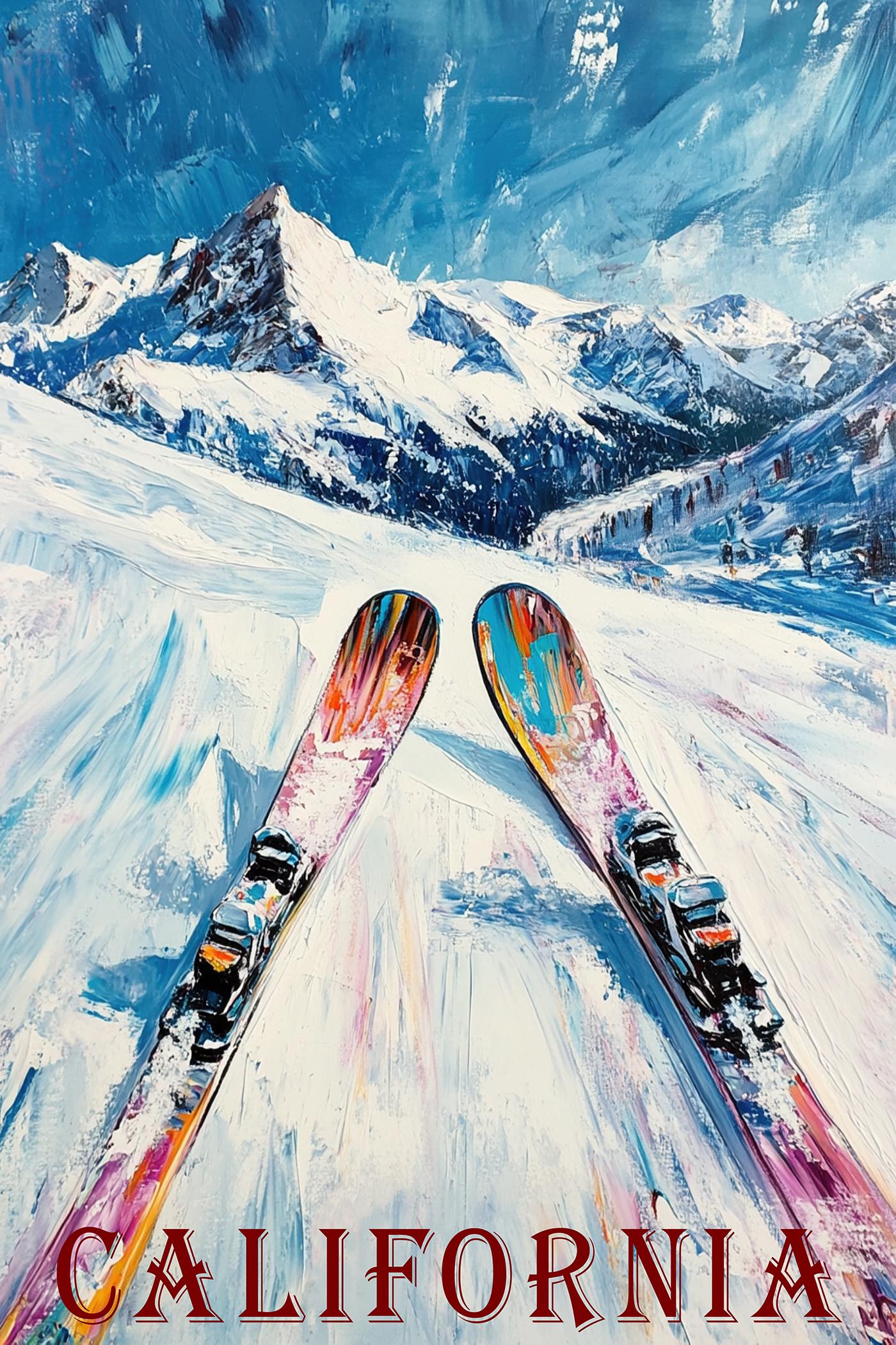 Retro Skiing Poster Print – Snowy Mountain Ski Sport Print, Winter Sports Wall Art