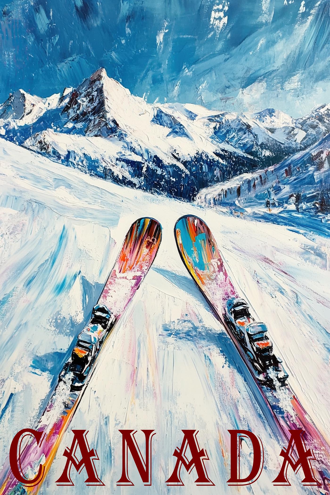 Retro Skiing Poster Print – Snowy Mountain Ski Sport Print, Winter Sports Wall Art