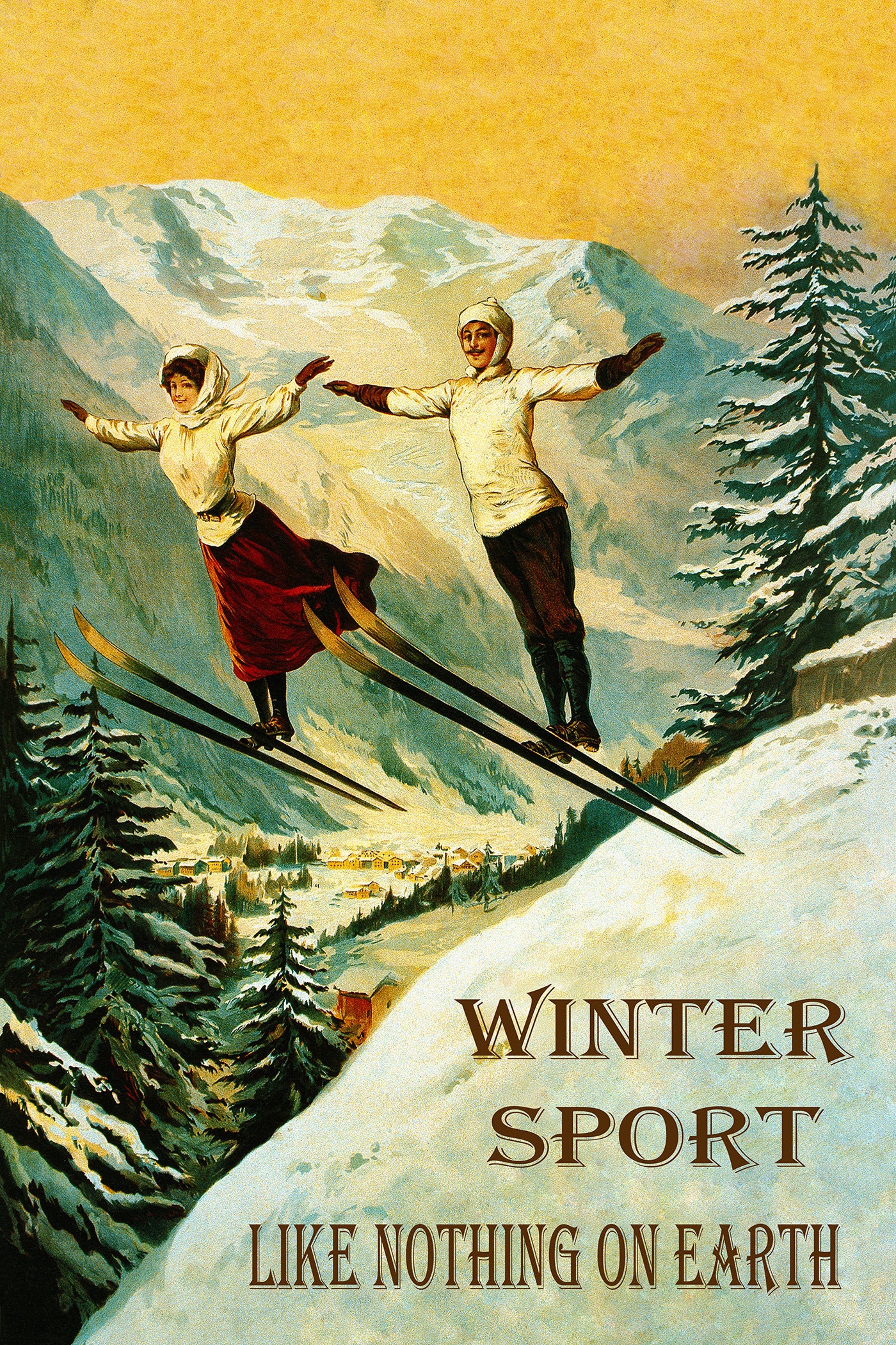 Vintage Skiing Poster Print – Couple Ski Sport Winter Ski Jump Art Print, Snow Mountain Wall Decor