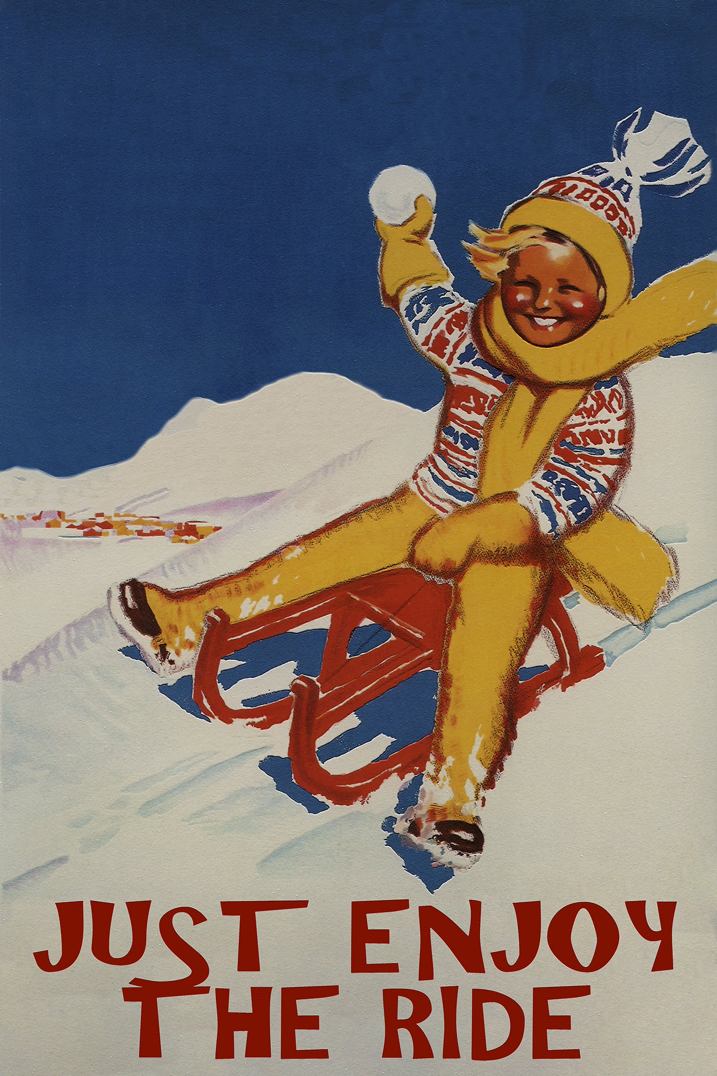 Vintage Winter Sledding Poster Print – Just Enjoy the Ride Retro Snow Wall Art, Classic Winter Wall Decor