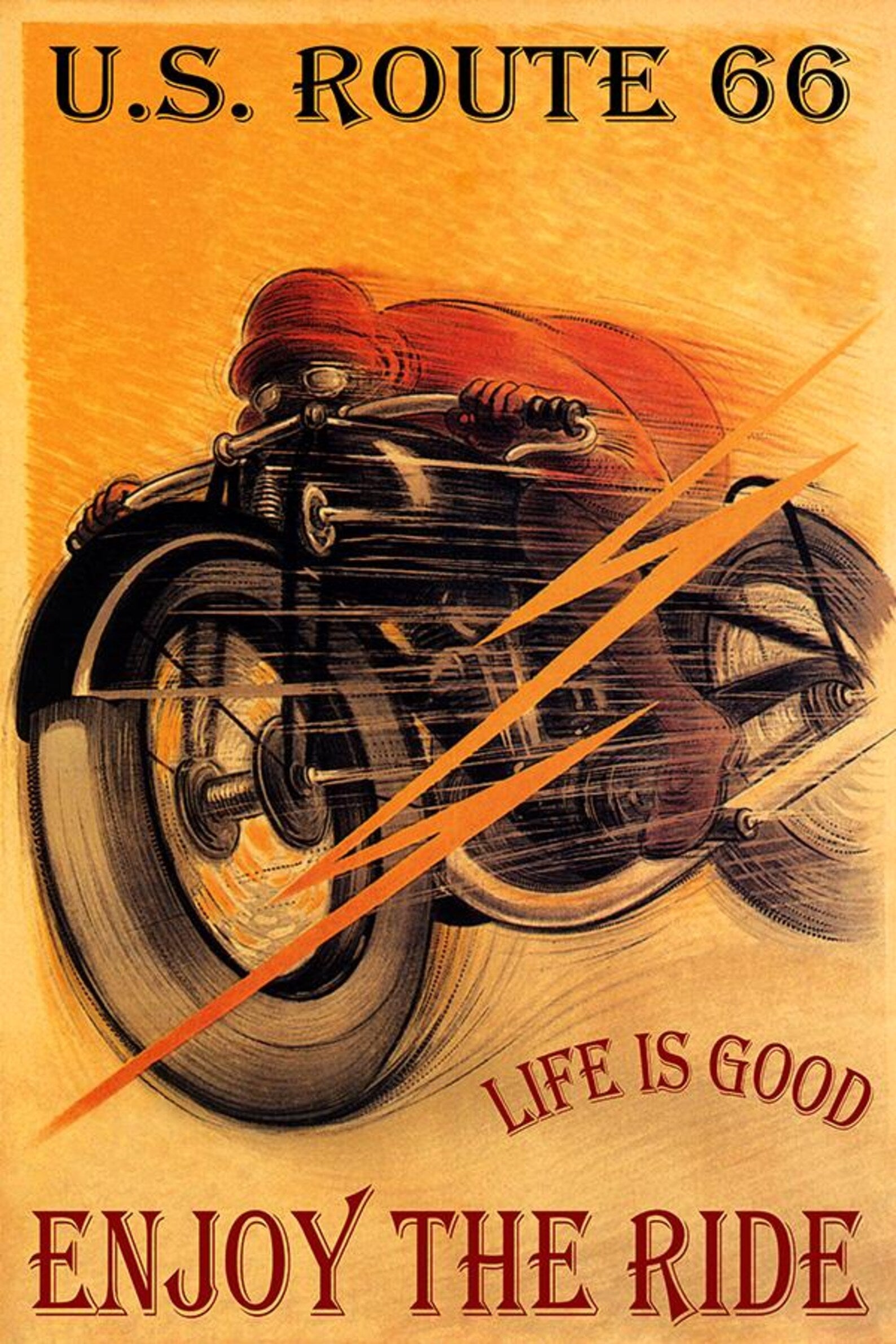 US Route 66 Motorcycle Poster Print - Vintage American Road Wall Art