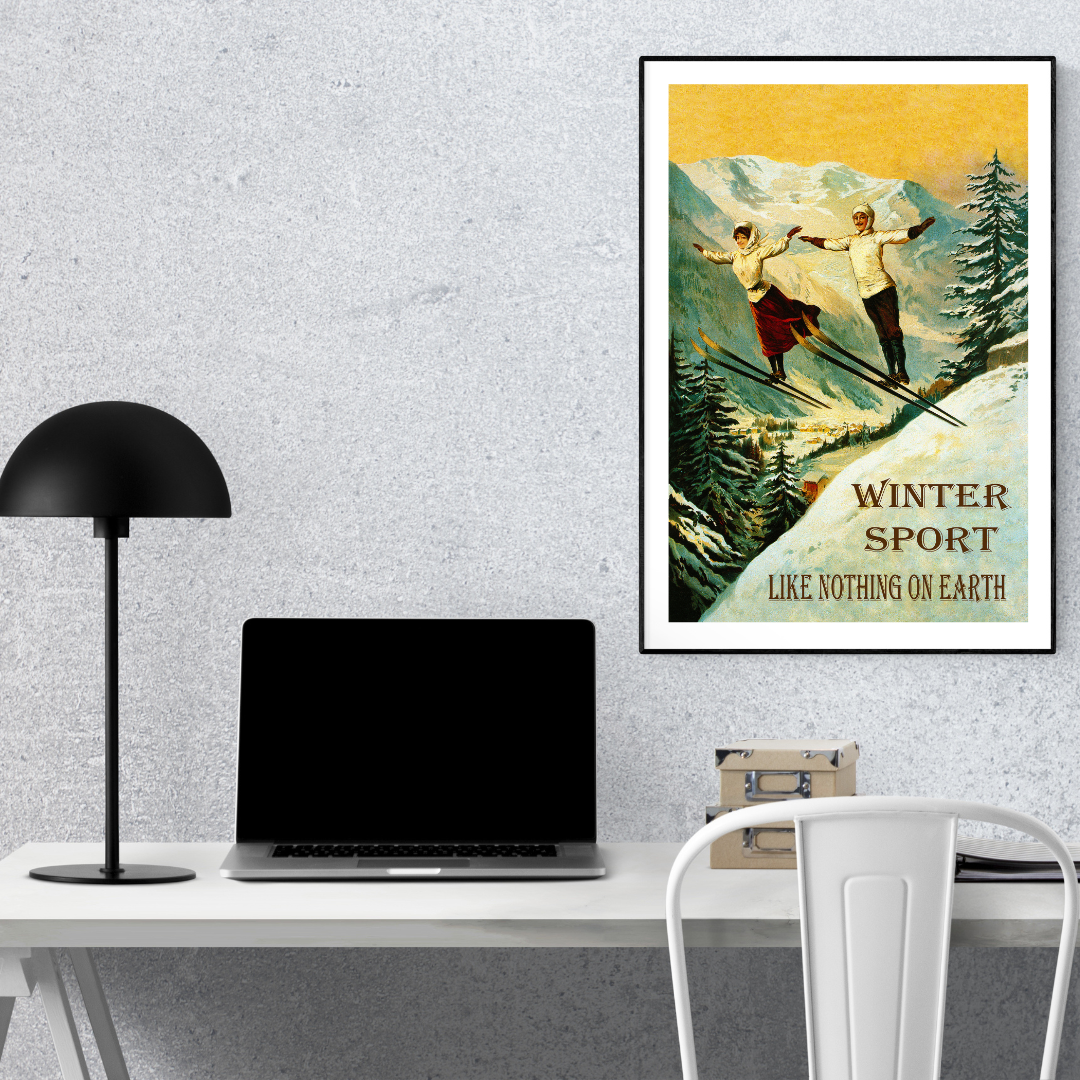 Vintage Skiing Poster Print – Couple Ski Sport Winter Ski Jump Art Print, Snow Mountain Wall Decor