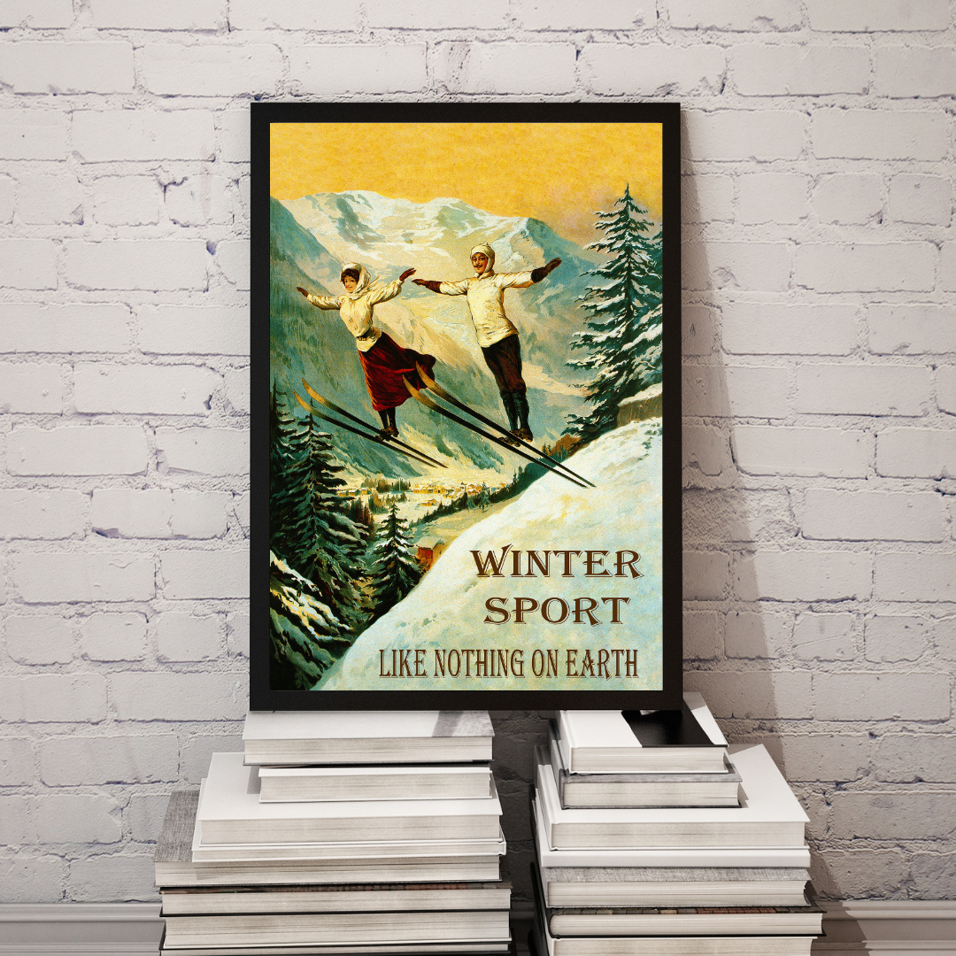 Vintage Skiing Poster Print – Couple Ski Sport Winter Ski Jump Art Print, Snow Mountain Wall Decor