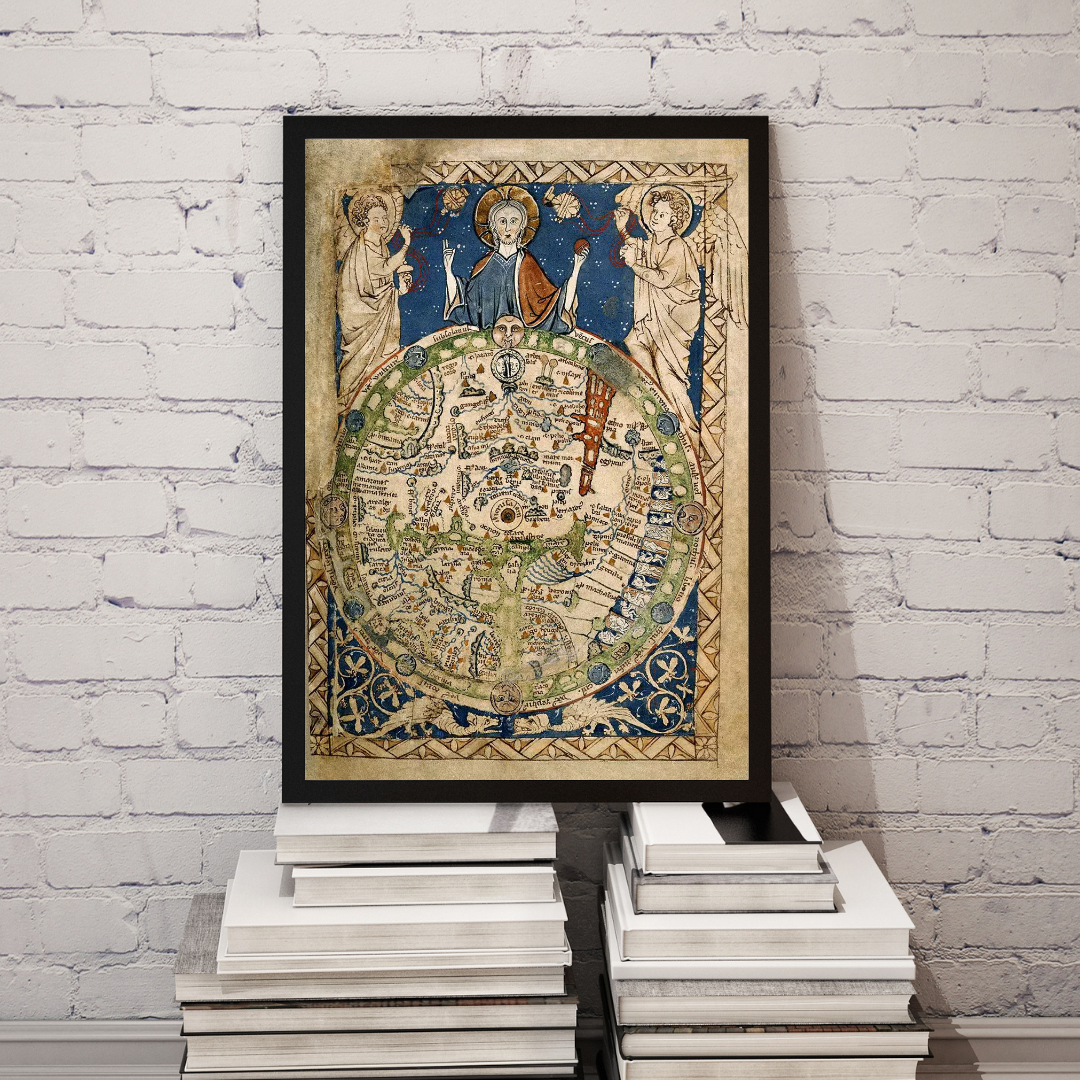 Medieval World Antique Religious Map Print – 13th Century Psalter Mappa Mundi with Christ & Jerusalem Wall Decor