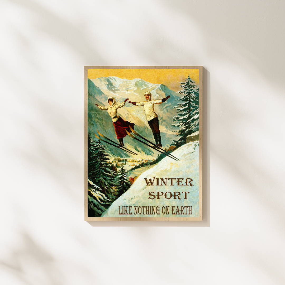 Vintage Skiing Poster Print – Couple Ski Sport Winter Ski Jump Art Print, Snow Mountain Wall Decor