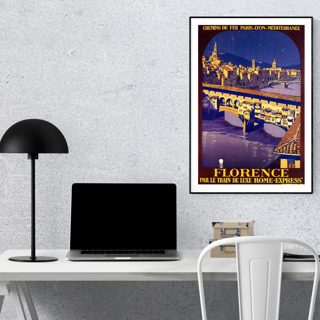 Florence Travel Poster - Vintage PLM Railway Ponte Vecchio Night Scene, Italy Train Advertisement Wall Art