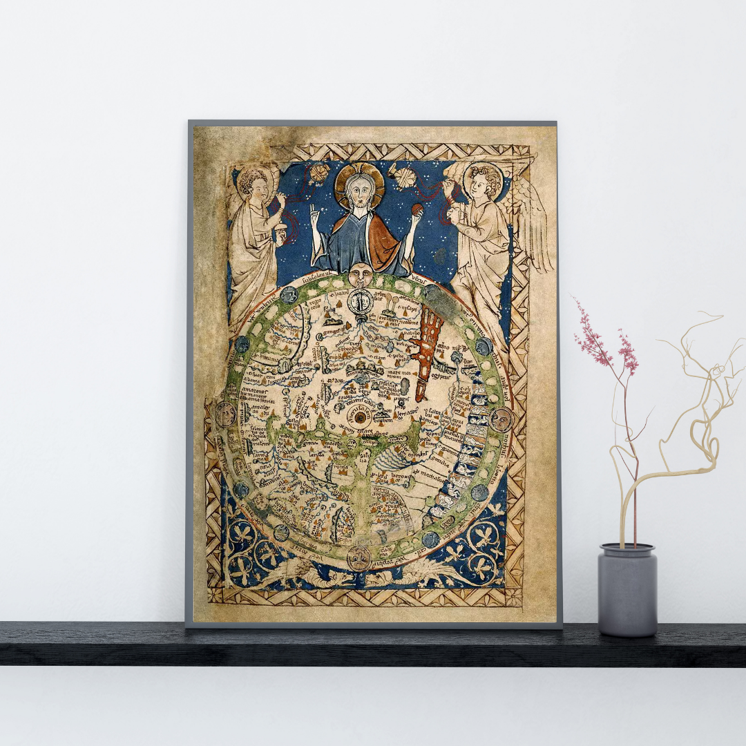 Medieval World Antique Religious Map Print – 13th Century Psalter Mappa Mundi with Christ & Jerusalem Wall Decor