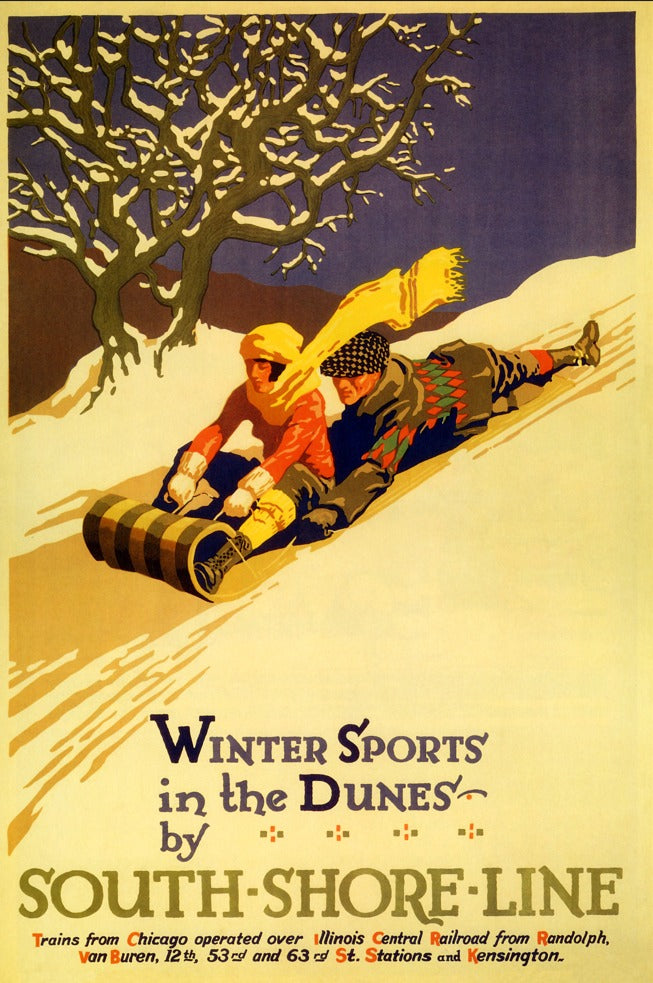 Winter Sports in the Dunes Vintage Poster Print – South Shore Line Railroad Sledding Wall Art