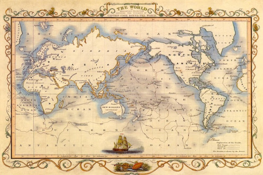 Antique World Map Print – Vintage Nautical Map Wall Art, Old World Exploration Decor, Maritime Chart Poster