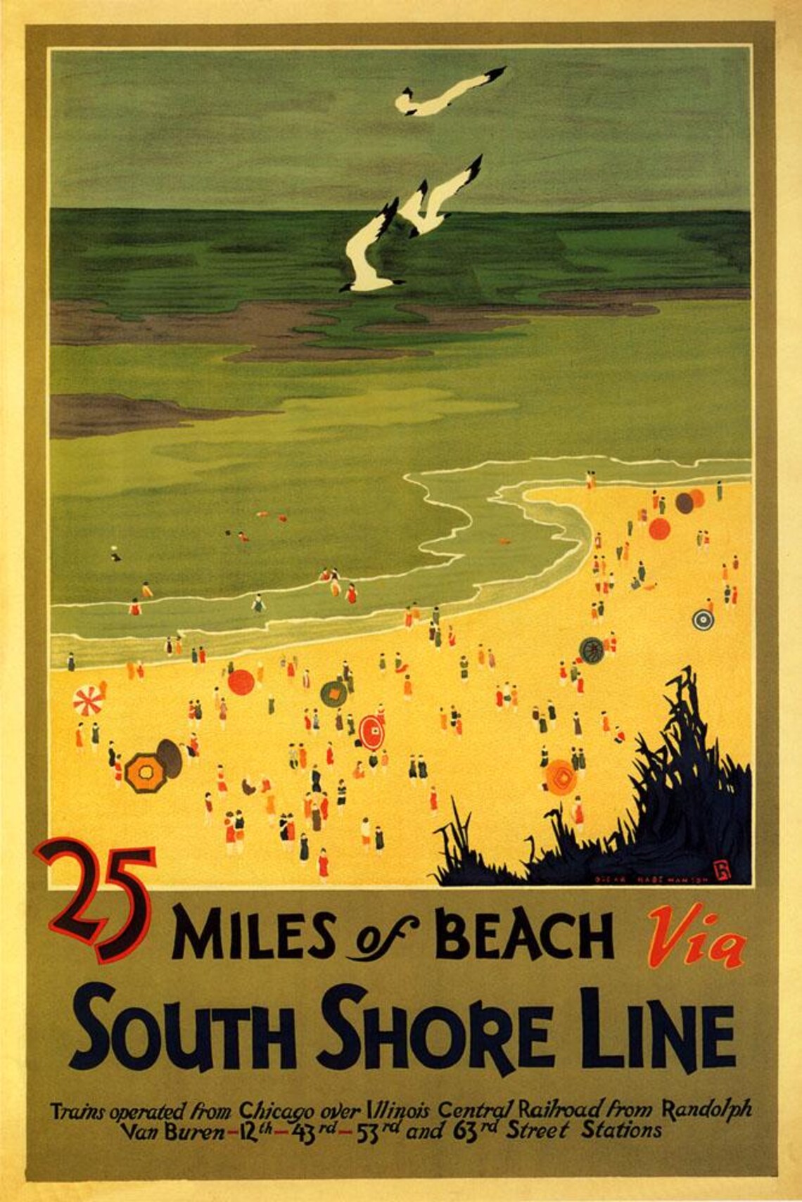 25 Miles of Beach via South Shore Line Vintage Travel Poster Print – Indiana Dunes Railroad Art Print