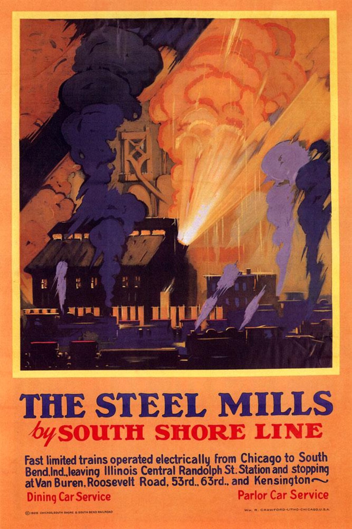 The Steel Mills – South Shore Line Vintage Railroad Poster Print, Industrial Train Wall Art Decor
