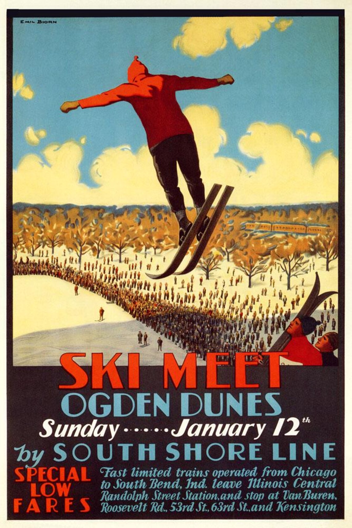 Ski Meet Ogden Dunes – South Shore Line Vintage Winter Travel Poster Print, Ski Wall Art