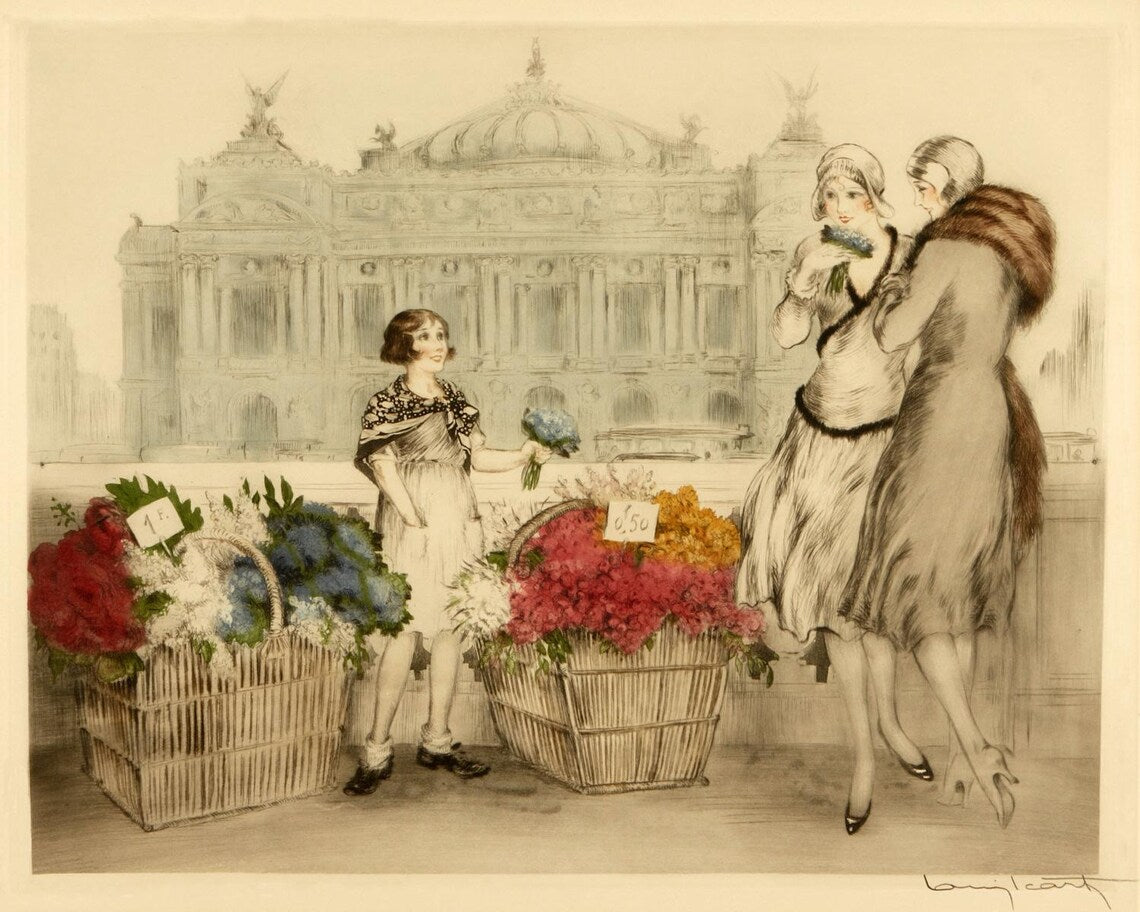 Louis Icart Fashion Lady Art Print – Vintage Art Deco Flower Seller Poster for Wall Decor