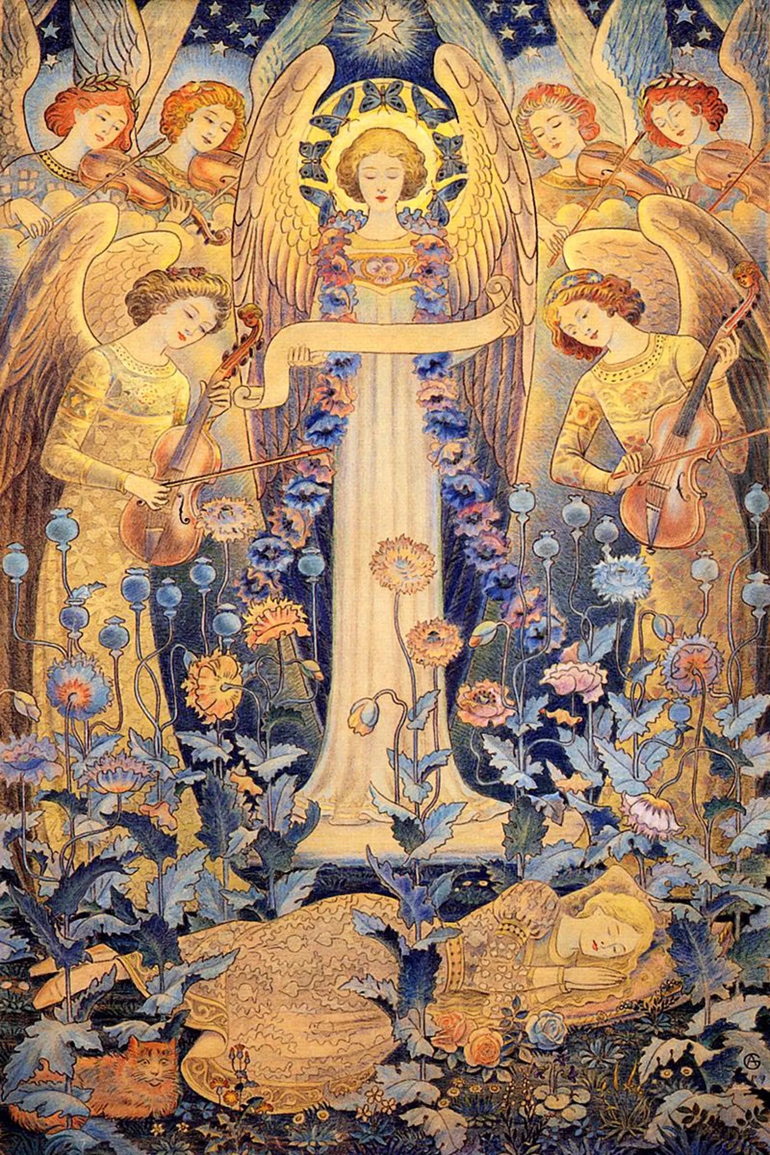 Angels Playing Violins Art Print – Woman Sleeping Dream Scene, Vintage Romantic Classical Wall Art