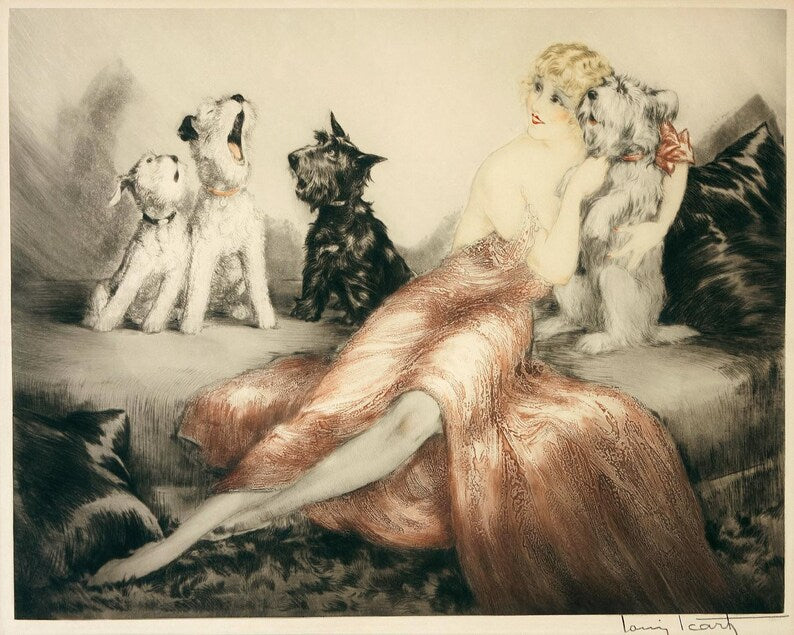 Louis Icart - Fashion Lady & Singing Dogs Art Print, Art Deco Wall Art