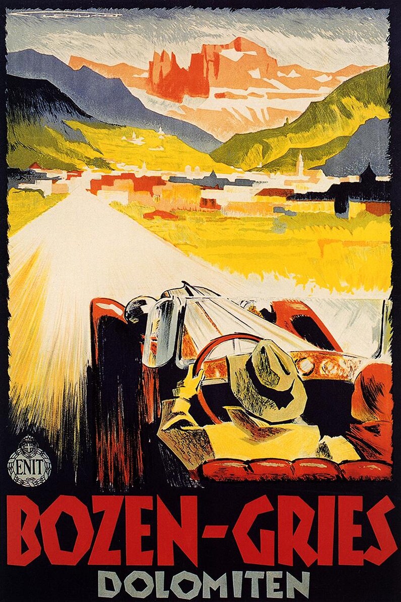 Bozen-Gries Dolomiten Vintage Travel Poster Print - Italian Alps Race Car, Retro Mountain Wall Decor