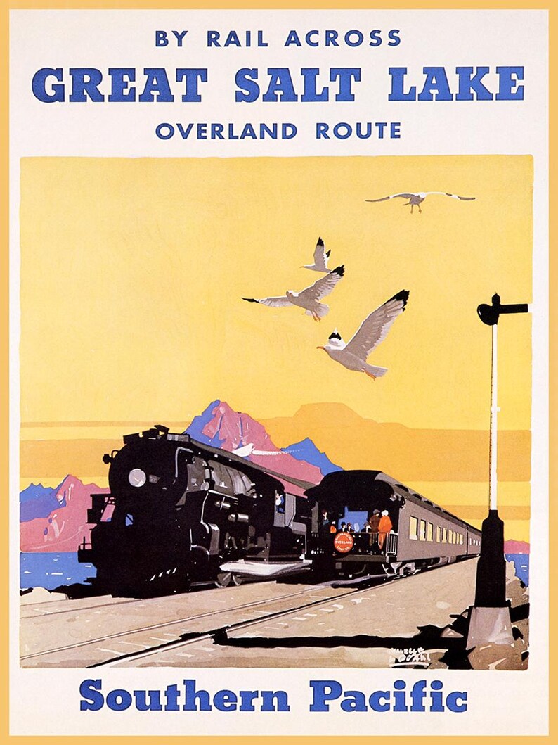 Vintage Southern Pacific Railroad Poster Print – Great Salt Lake Overland Route Wall Art