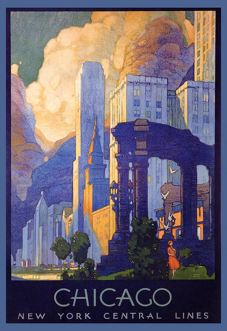 Chicago Illinois via New York by Railroad Vintage Travel Poster Print – Classic Train Wall Art