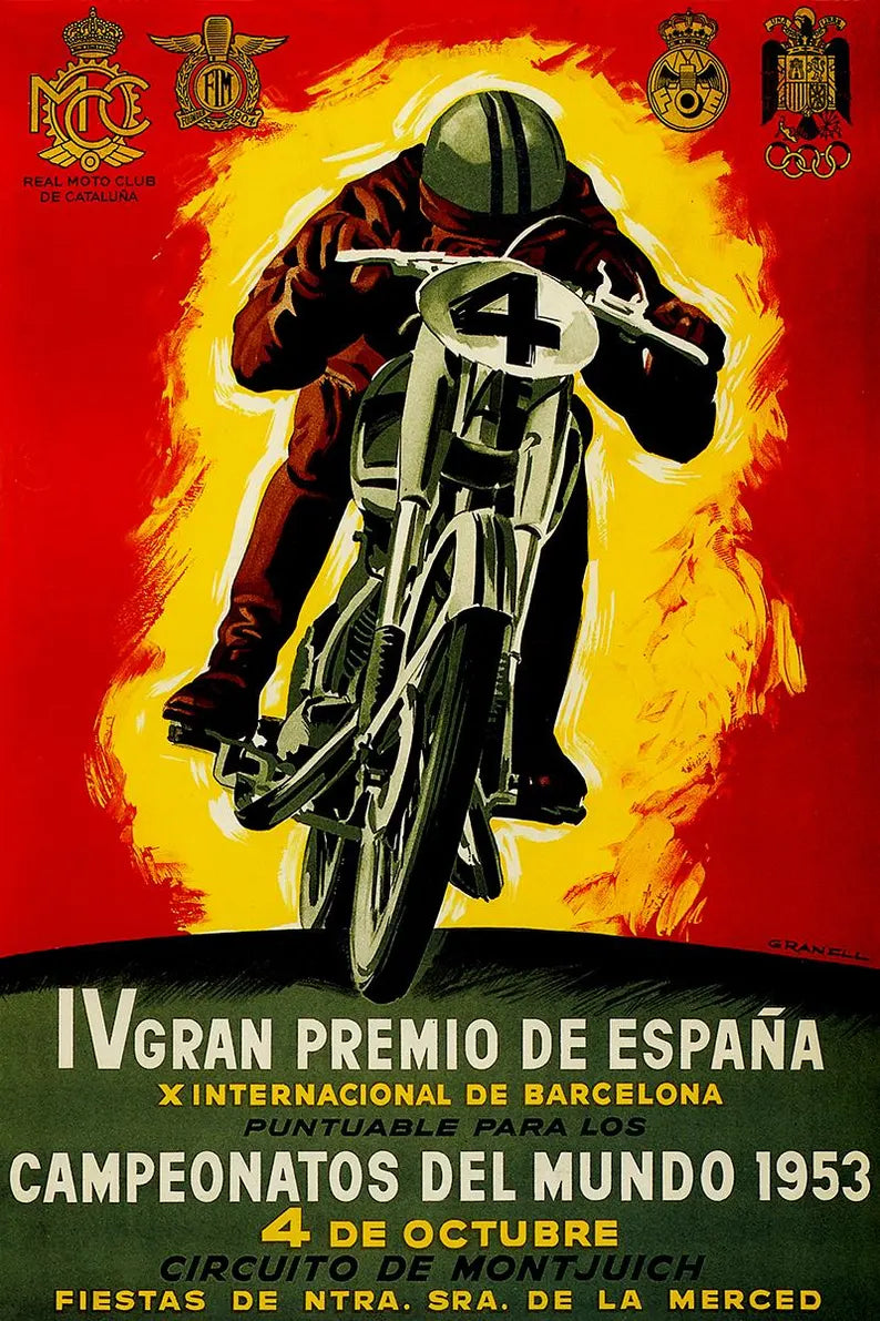 1953 Spanish Grand Prix Motorcycle Race Poster Print – Vintage Motorsport Wall Art