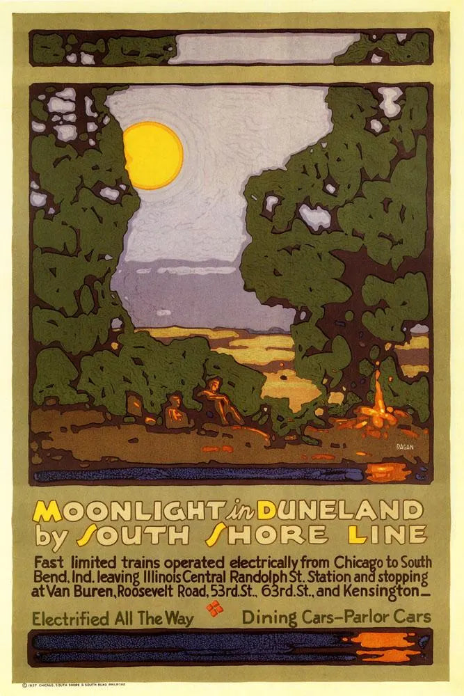 Moonlight in Duneland Vintage Travel Poster Print – South Shore Line Indiana Dunes Wall Art