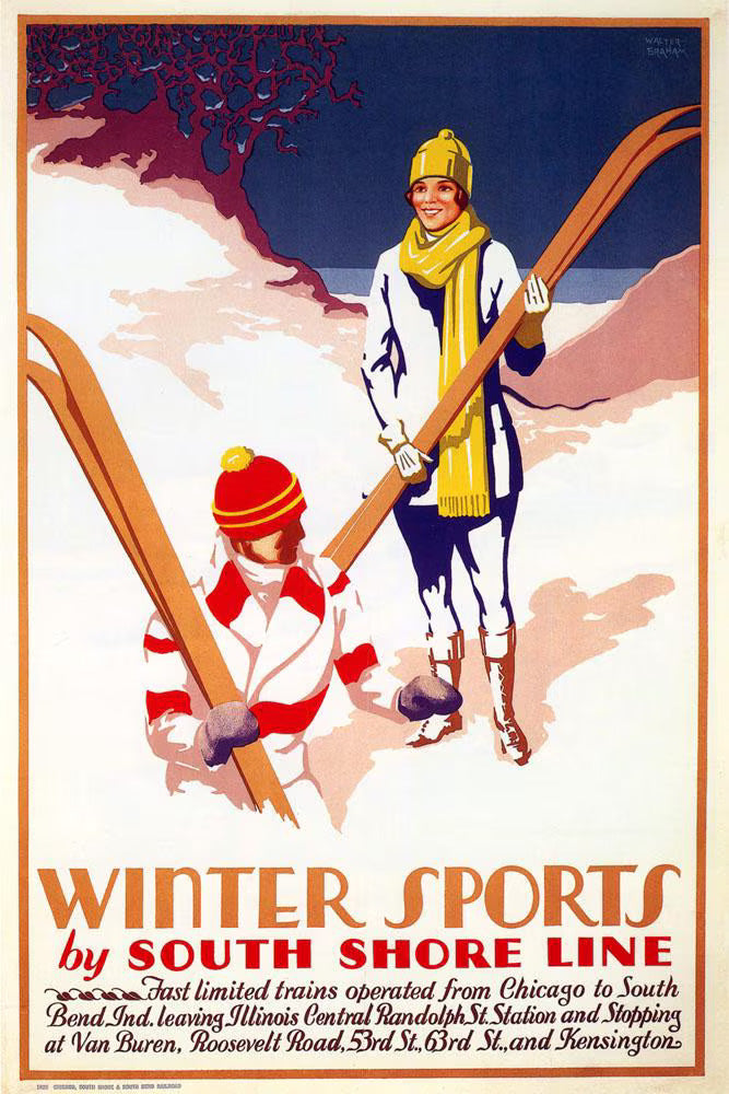 Winter Sports by South Shore Line Vintage Travel Poster Print – Retro Ski Art Print
