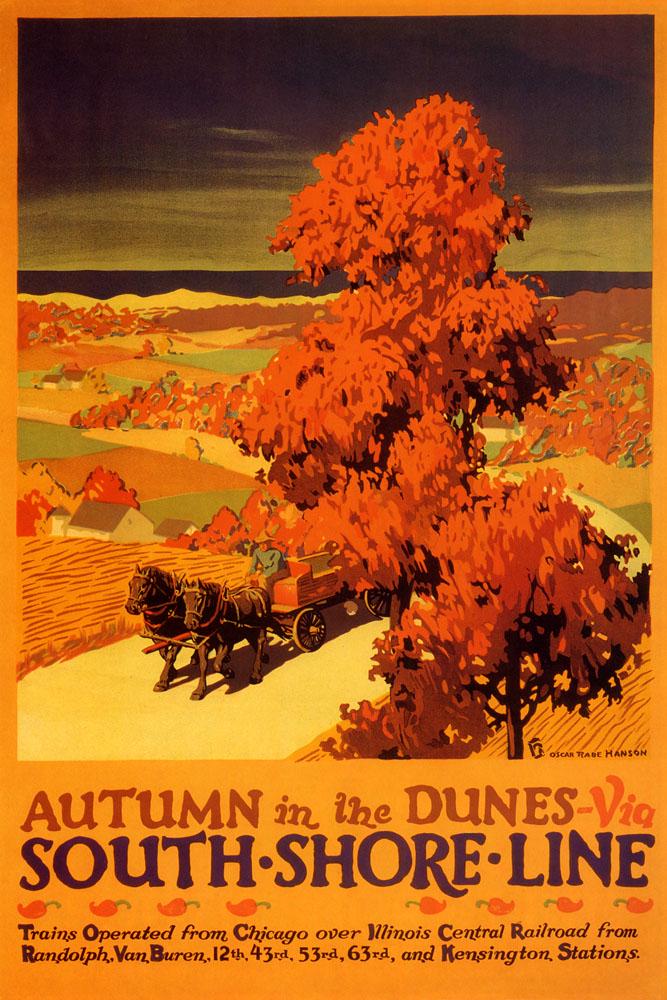 Autumn in the Dunes – South Shore Line Vintage Travel Poster Print, Fall Landscape Wall Art Decor
